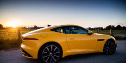 Jaguar F-Type Coupe P575R with sunset in Oudekerk aan de Amstel